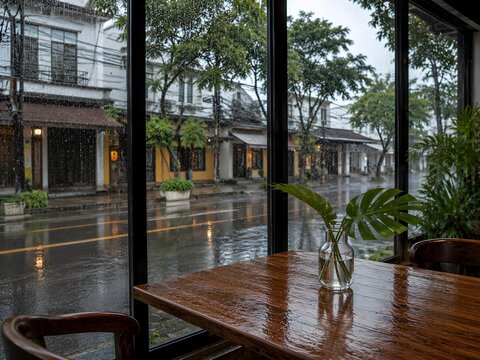Cozy tropical cafe during daytime rain with window overlooking wet street