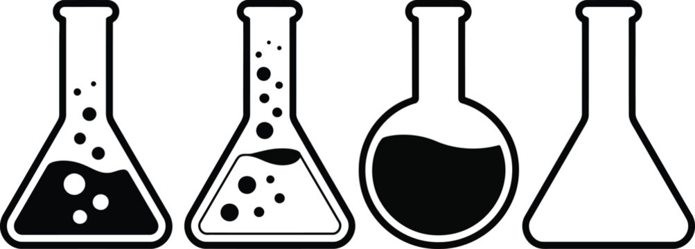 Four laboratory flasks with varying liquid levels black and white illustration