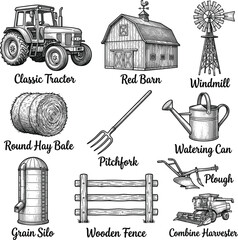 Vintage farm equipment including tractor, barn, and hay bale   © Iry
