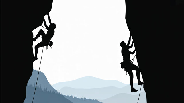 Two rock climbers in silhouette scale steep vertical cliff faces positioned on opposite sides of a vast open canyon with distant soft mountain ranges in background.