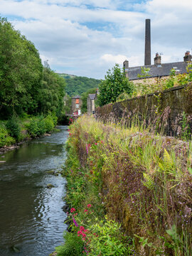 scenic view of a pathway along the river calder in hebden bridge surrounded by summer wildflowers and trees with an old mill chimney and houses