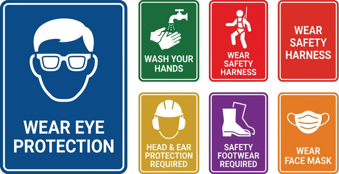 Comprehensive set of personal protective equipment PPE safety signs featuring flat vector icons for eye hand head foot and face protection ideal for workplace health and safety regulations