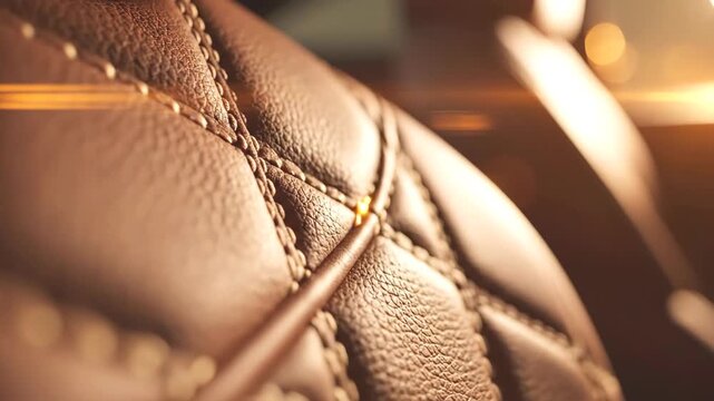 Close up of cognac brown leather car seat with diamond stitching under warm backlight