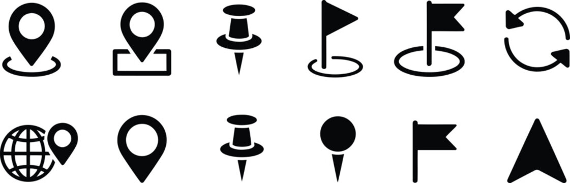 Location icons set map markers flags and navigation symbols