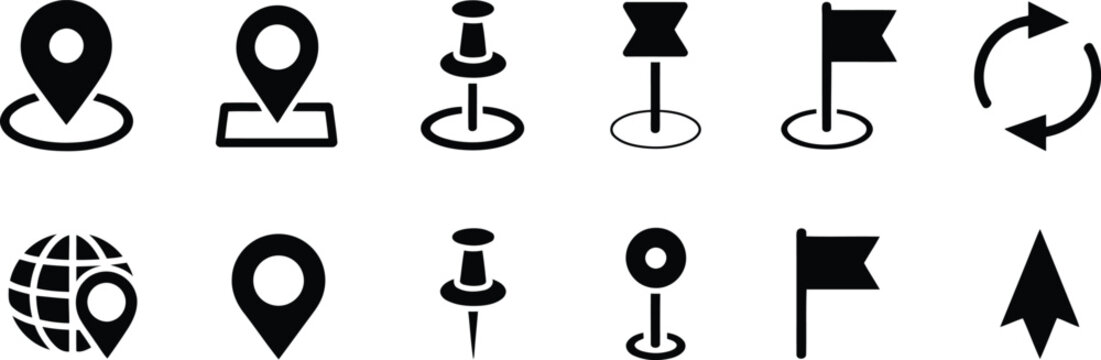 Navigation and location icons set black and white vector graphics