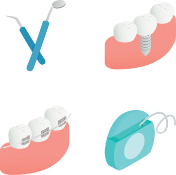 Dental tools, implant, braces, and floss representing oral health concepts