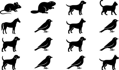 Obraz premium Animal silhouettes illustration collection featuring mouse, beaver, cat, horse, dog, bird, and other species symbolizing wildlife, nature, lifestyle, creativity, and design concepts