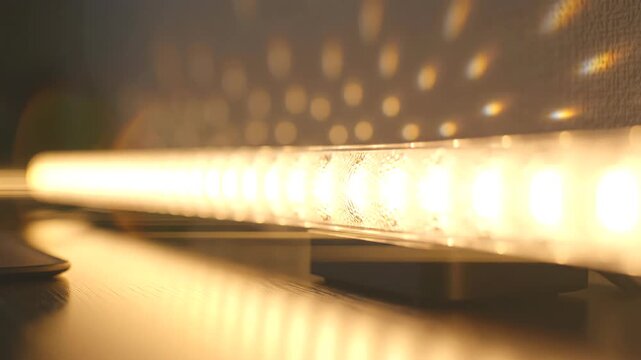 Macro shot of textured linear LED tube lighting up with warm amber wall pattern projection