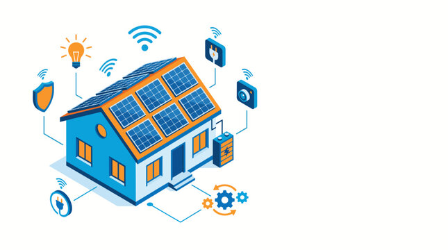 Smart home with solar panels isometric vector illustration. Eco friendly house system with renewable energy, battery storage, automation, security and wifi network icon