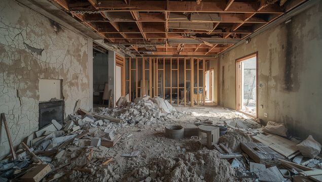 地震で損傷した住宅内部に割れた壁と倒れた家具が残る写真