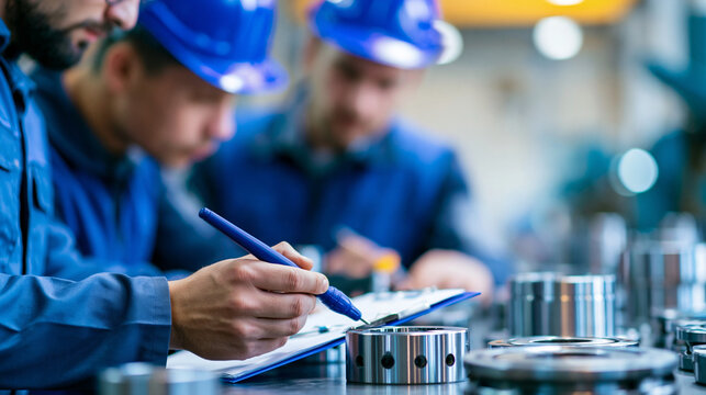 Faceless factory workers using precision instruments to measure manufactured components for quality assurance, quality control, measurement activity, technical work, with copy