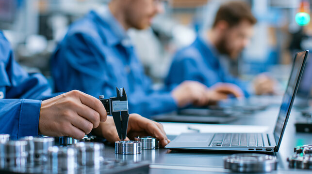 Faceless factory workers using precision instruments to measure manufactured components for quality assurance, quality control, measurement activity, technical work, with copy