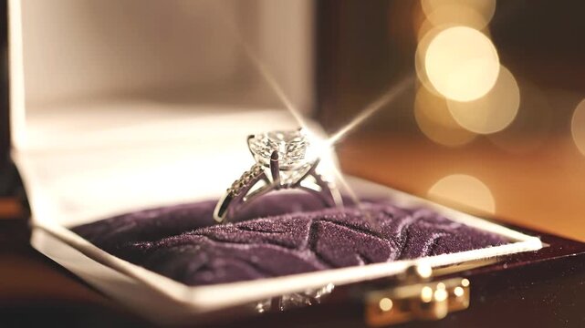 Extreme close up opening wooden box revealing solitaire diamond ring on royal purple velvet