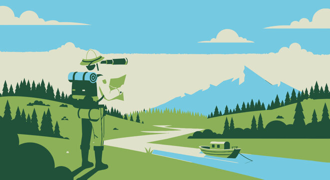 Adventurous explorer in nature mountain landscape vector illustration