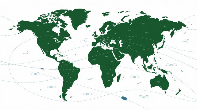 A stylized green world map depicts international shipping routes with dashed trajectory lines and miniature ship icons scattered across the sea in a flat graphic design.