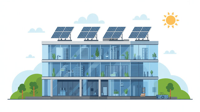 A contemporary three-story office building with large glass windows and numerous solar panels on its roof sits under a bright sun in a clean vector style.