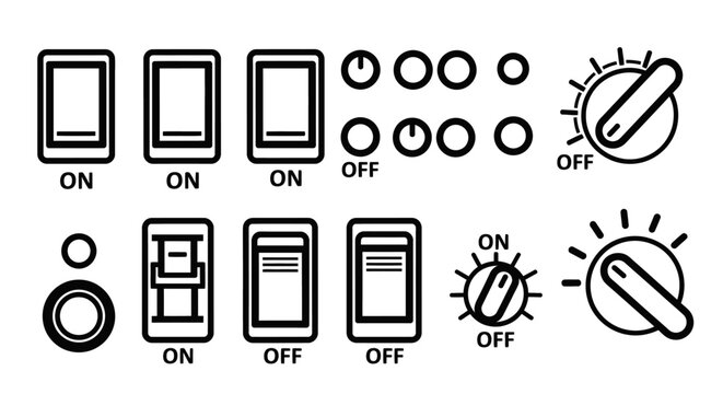 Black and white vector illustrations of switches and control knobs