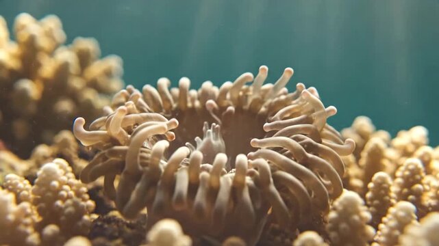 Close up of sea anemone polyp contracting tentacles on coral reef underwater with sunbeams