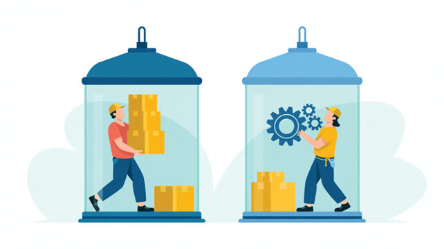 Two employees work inside separate glass domes with one person carrying yellow boxes and the other manipulating large mechanical gears in a bright studio environment.