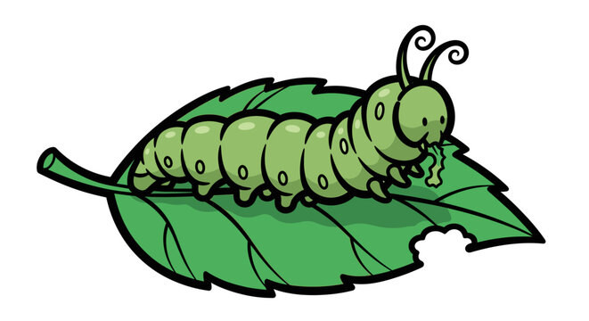 Cartoon caterpillar on green leaf isolated against white background