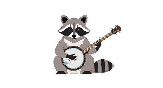 Cartoon raccoon plays banjo musical instrument isolated on white background