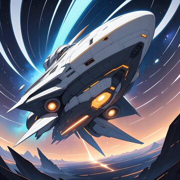 futuristic white spaceship warp drive flying fast in deep space cosmos background sci fi vehicle concept