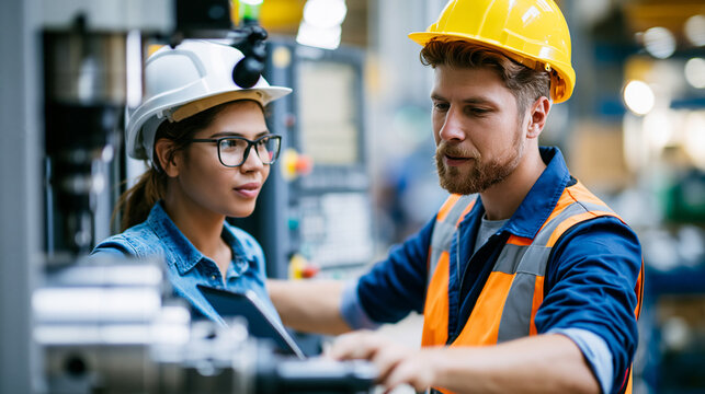 Faceless engineer training female apprentice to use CNC machine in factory, skill instruction, machine operation, apprenticeship training, technical education, with copy space