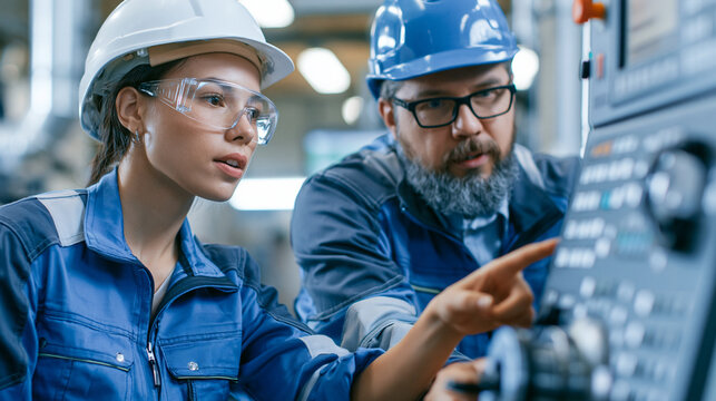 Faceless engineer training female apprentice to use CNC machine in factory, skill instruction, machine operation, apprenticeship training, technical education, with copy space