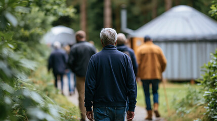 Obraz premium Faceless group of mature male friends walking along path through yurt campsite, male grouping, path walking, campsite exploration, with copy space