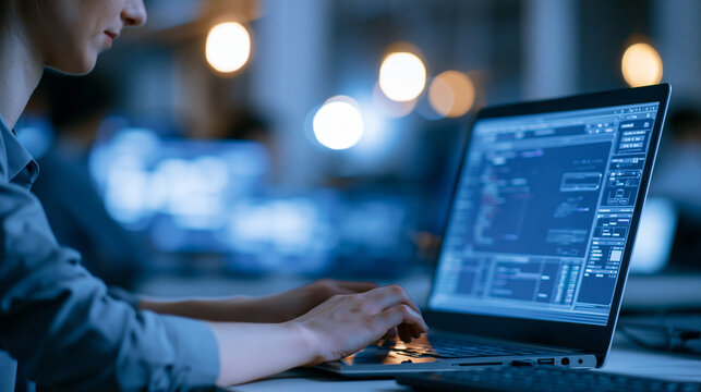 Faceless female engineer using CAD programming software on laptop, computer-aided design, software operation, technical work, digital tools, with copy space
