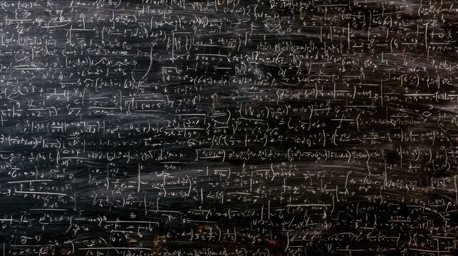 Blackboard Covered with Dense Mathematical Equations and Formulas in Chalk