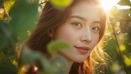 Fototapeta premium 光に包まれた日本人女性の目元と肌を美しく写した写真
