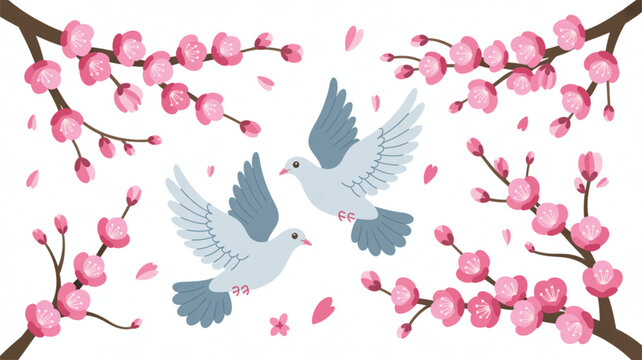 Two light-grey doves fly gracefully between curved branches filled with vibrant pink cherry blossoms and falling petals in a clean horizontal vector art composition.