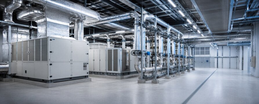 Industrial hvac system inside modern server data center. Large ventilation pipes and cooling air conditioning unit. Infrastructure for climate control in high tech facility building.