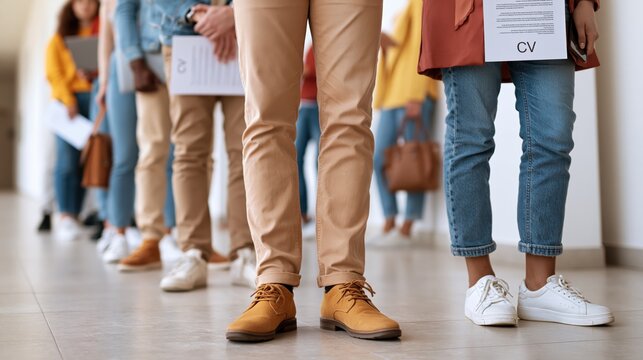 Diverse applicants in smart casual attire queue up with CVs for job interviews