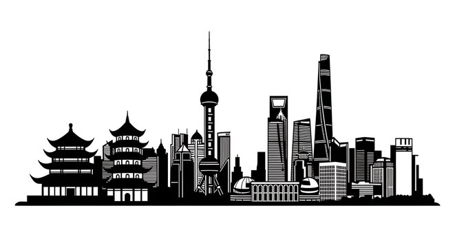 Silhouette of shanghai skyline with traditional buildings