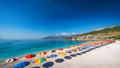 Obraz premium Under A Clear Blue Sky A Quiet Beach Stretches Out With Brightly Colored Umbrellas Lined Up On The Soft Sand Saranda Albania Europa