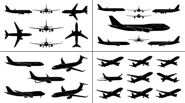 Commercial Passenger Airplane Silhouette Collection with Multiple Flight Angles for Aviation Travel and Transport Vector Illustration Design