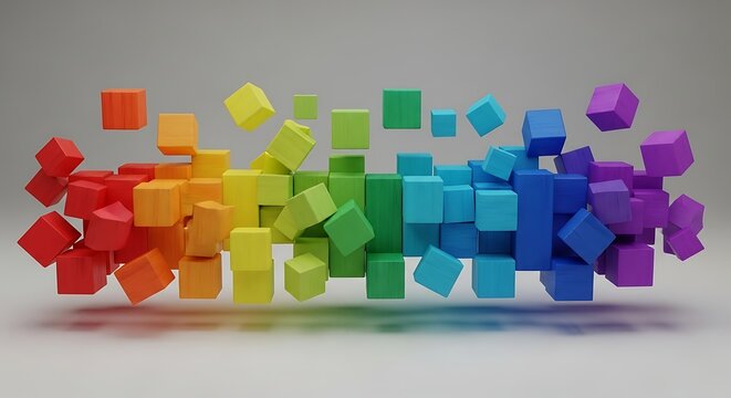 Abstract rainbow colored cubes floating and scattering in a gradient spectrum against a neutral background