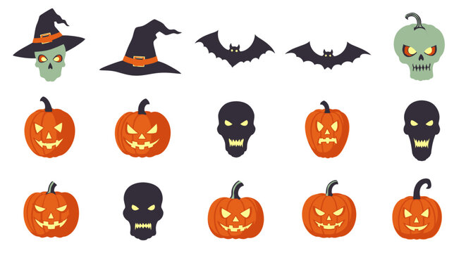 Halloween elements vector illustrations of pumpkins skulls bats and witch hats