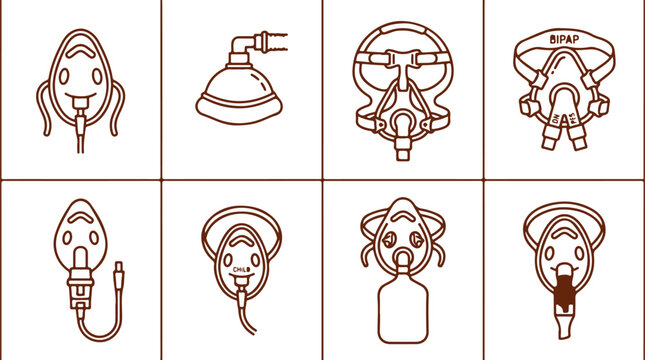 Collection of medical breathing masks and respiratory devices, various types for oxygen therapy and ventilation, line art.