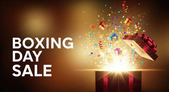 Boxing day sale advertisement with exploding gift box and confetti