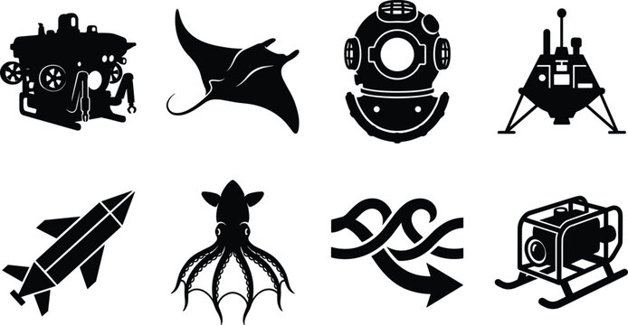 Deep sea exploration and marine biology icon set featuring submarine squid manta ray diving helmet and underwater drone vector illustrations