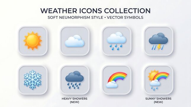 Soft neumorphism style weather icons collection with vector symbols for sunny, cloudy, rainy, snowy, and stormy conditions in modern design