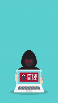 Ransomware Cyber Attack Concept &ndash; Hacker Demanding Payment to Unlock Laptop, Malware Cybercrime, Data Encryption Extortion, Cybersecurity Threat	