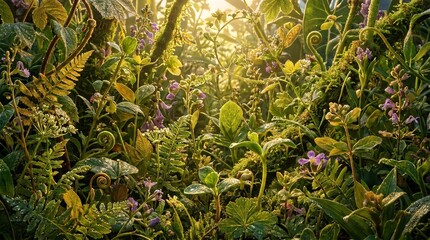 Fototapeta premium A vibrant, sun-drenched close-up of a dense jungle floor, showcasing a rich tapestry of green foliage, diverse plant life, and small purple flowers bathed in golden light.