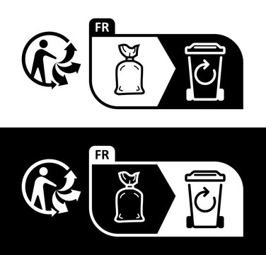 The French Triman logo. Recyclage d&eacute;chets picto produits info tri poubelle verre. Triman sign, Triman recycling icon. sign of recycling of poly-bags in France. Triman Logo