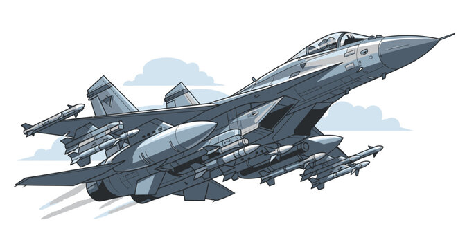 Modern fighter jet in flight against cloudy sky illustration