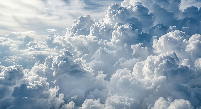 Epic aerial view over majestic dramatic cumulus cloud formations under bright sunlight, detailed texture cinematic cloudscape background.