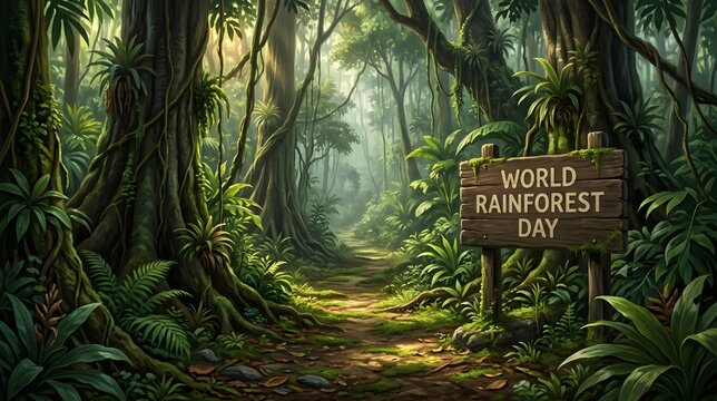 World Rainforest Day Realistic Digital Painting of Lush Rainforest Path with Nature Conservation Typography